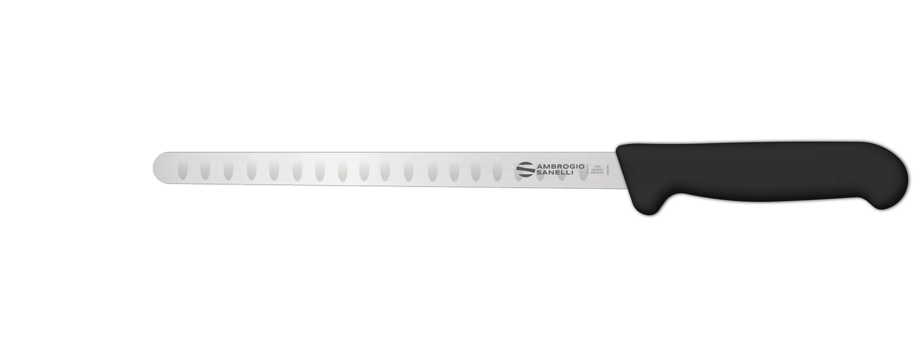 Нож Sanelli Ambrogio серии Supra, SA56028B, для лосося с возд/карманами 280 мм, черный